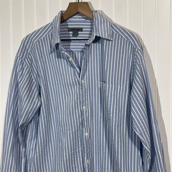 Johnston & Murphy Men’s Shirt Medium Blue White Stripe Cotton Button Down Preppy - Picture 2 of 8